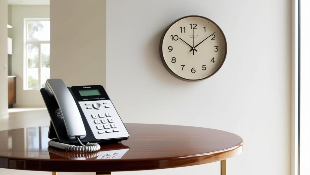 telephone on table with clock on wall behind it