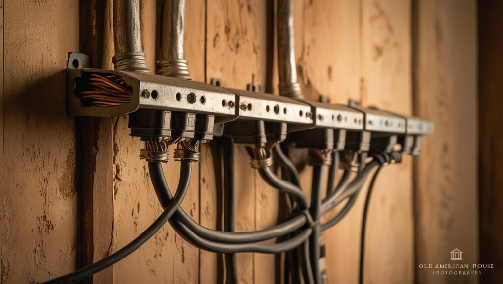 old electrical wiring on side of house, wood panel