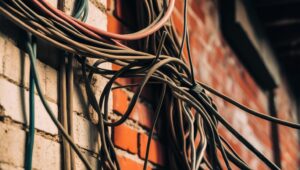 Messy home Electrical wiring side of brick house