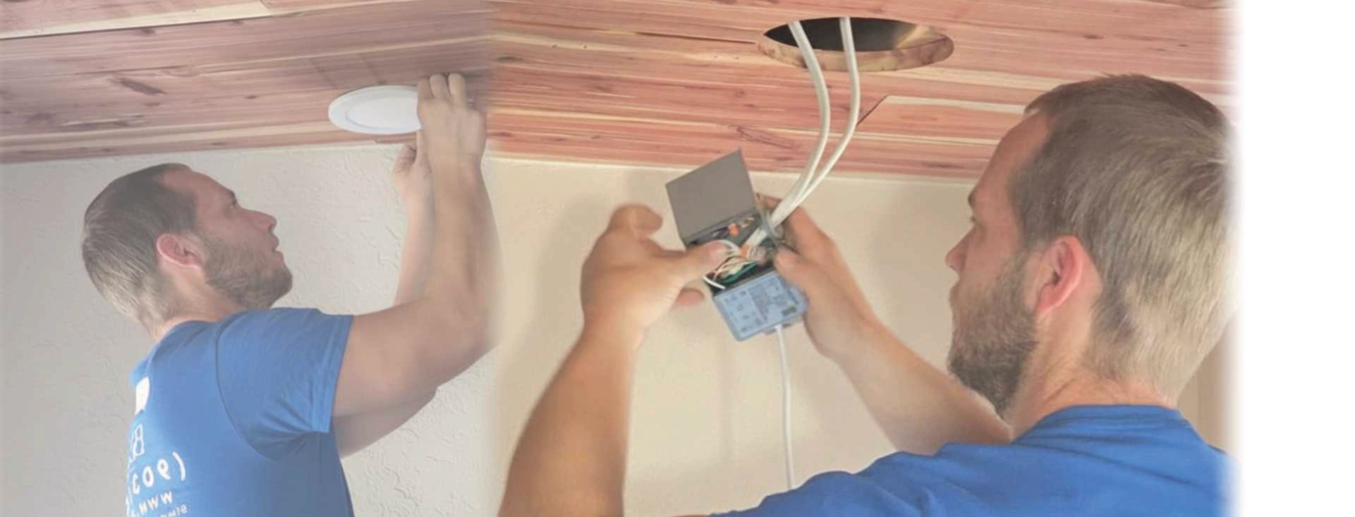 Electrician installing recessed lighting and ceiling wiring in home