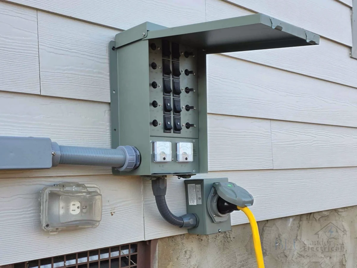 Residential electrical wiring and panel connections installed on home exterior